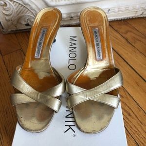 Manolo Blahnik gold crisscross sandal, size 39
